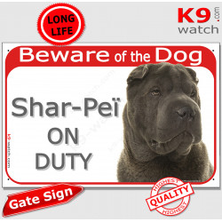 Red Portal Sign "Beware of the Dog, brown Shar-Peï on duty" 24 cm