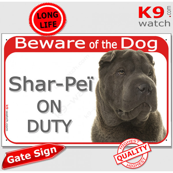 Red Portal Sign "Beware of the Dog, brown chocolate Shar-Peï on duty" gate plate photo notice