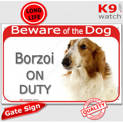 Red Portal Sign "Beware of the Dog, Borzoi on duty" Fawn Russian Hunting Sighthound Wolfhound photo notice, gate plaque plate