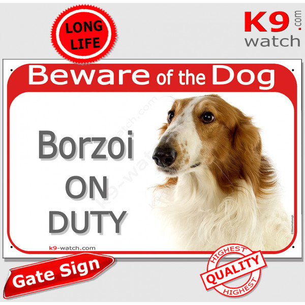 Red Portal Sign "Beware of the Dog, Borzoi on duty" Fawn Russian Hunting Sighthound Wolfhound photo notice, gate plaque plate