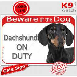 Red Portal Sign "Beware of the Dog, Dachshund on duty" gate plate photo notice, black and tan smooth hairs haired