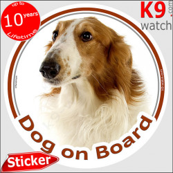 white and red solid Borzoi, grey and white Russian Hunting Sighthound, car circle sticker "Dog on board" Photo notice, labell