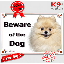 Beige Creme Pomeranian, portal Sign "Beware of the Dog" photo notice, gate placard light-fawn pom Spitz