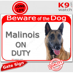 red Portal Sign "Beware of Dog, Malinois Belgian Shepherd on duty" Door plate, portal placard, Gate panel Belgium photo