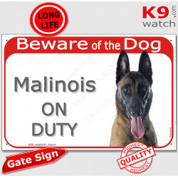 red Portal Sign "Beware of the Dog, Malinois Belgian Shepherd on duty" Door plate, portal placard, Gate panel Belgium photo