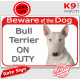 Portal Sign red "Beware of the Dog, White English Bull Terrier on duty" portal placard, door plate panel photo