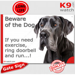 black Great Dane, funny Portal Sign "Beware of the Dog, need exercise, ring & run" gate photo hilarious plate notice, Door plaqu