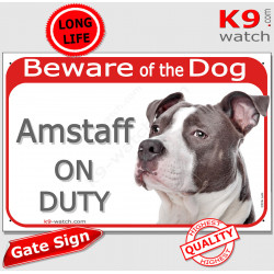 Red gate sign "Beware of the dog Amstaff on duty" plate panel, grey blue american staffordshire terrier photo