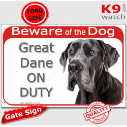 Red Portal Sign "Beware of the Dog, entirely black Great Dane on duty" gate plate notice dog photo