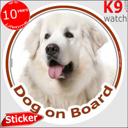 Entirely white Great Pyrenees Head, car circle sticker "Dog on board" Photo notice, label decal