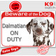 Red Portal Sign "Beware of the Dog, brown chocolate Dalmatian on duty" gate plate placard spotted carriage coach photo notice