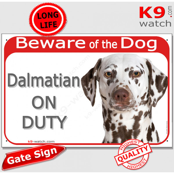 Red Portal Sign "Beware of the Dog, brown chocolate Dalmatian on duty" gate plate placard spotted carriage coach photo notice