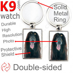 Double-sided metal key ring with photo Black and Tan Afghan Hound, metal key ring gift idea; double faced key holder métallique