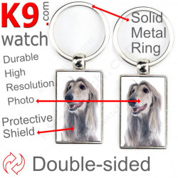Double-sided metal key ring with photo grey blue Afghan Hound, metal key ring gift idea; double faced key holder metallic