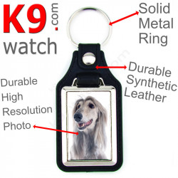 Vegan leather key ring and metal holder, with the photo of your grey blue Afghan Hound, key ring gift idea