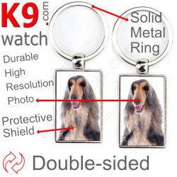 Double-sided metal key ring with photo tricolor Afghan Hound, metal key ring gift idea; double faced key holder métallique