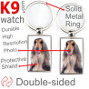 Double-sided metal key ring with photo tricolor Afghan Hound, metal key ring gift idea; double faced key holder métallique