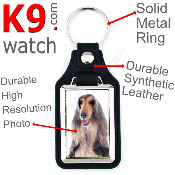 Vegan leather key ring and metal holder, with the photo of your Tricolor Afghan Hound, key ring gift idea