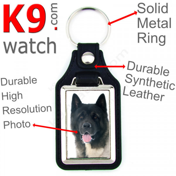 Vegan leather key ring and metal holder, with the photo of your American Akita, key ring gift idea Akita usa