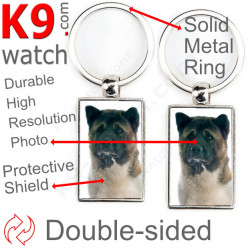 Double-sided metal key ring with photo American Akita, metal key ring gift idea; double faced key holder métallique Akita usa