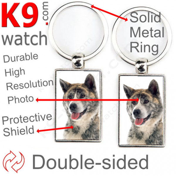 Double-sided metal key ring with photo Brindle Japanese Akita Inu, metal key ring gift idea; double faced key holder metallic