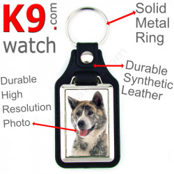 Vegan leather key ring and metal holder, with the photo of your Brindle Japanese Akita Inu, key ring gift idea