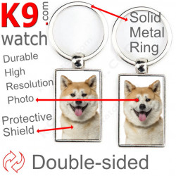 Double-sided metal key ring with photo Fawn Japanese Akita Inu, metal key ring gift idea; double faced key holder metallic
