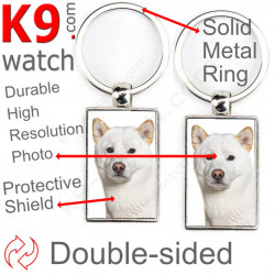 Double-sided metal key ring with photo entirely white Japanese Akita Inu, metal key ring gift idea double faced key holder iron