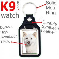 Vegan leather key ring and metal holder, with the photo of your entirely white Japanese Akita Inu, key ring gift idea