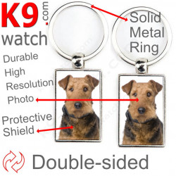 Double-sided metal key ring with photo Airedale Terrier, metal key ring gift idea; double faced key holder metallic Bingley
