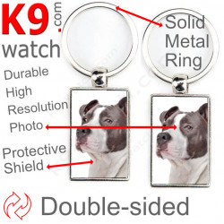 Double-sided metal key ring with photo blue grey Amstaff, metal key ring gift idea; double faced key holder metallic Staff