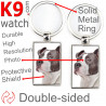Double-sided metal key ring with photo blue grey Amstaff, metal key ring gift idea; double faced key holder metallic Staff