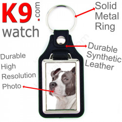 Vegan leather key ring and metal holder, with the photo of your Amstaff grey blue, key ring gift idea staff american