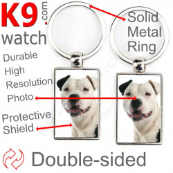 Double-sided metal key ring with photo white & black Amstaff, metal key ring gift idea; double faced key holder metallic Staff