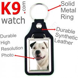 Vegan leather key ring and metal holder, with the photo of your Amstaff white & black, key ring gift idea staff american