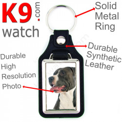 Vegan leather key ring and metal holder, with the photo of your Amstaff black & white, key ring gift idea staff american