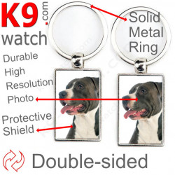 Double-sided metal key ring with photo black & white Amstaff, metal key ring gift idea, double faced key holder metallic Staff