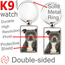 Metal key ring, double-sided photo Amstaff blue grey