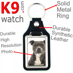 Vegan leather key ring and metal holder, with the photo of your Amstaff grey blue, key ring gift idea staff american