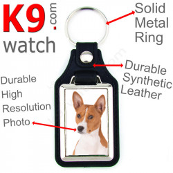 Vegan leather key ring and metal holder, with the photo of your brown fawn and white Basenji, key ring gift idea