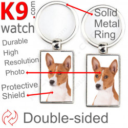 Double-sided metal key ring with photo brown fawn and white Basenji, metal key ring gift idea; double faced key holder metallic