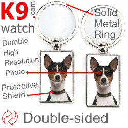 Double-sided metal key ring with photo tricolor Basenji, metal key ring gift idea; double faced key holder metallic
