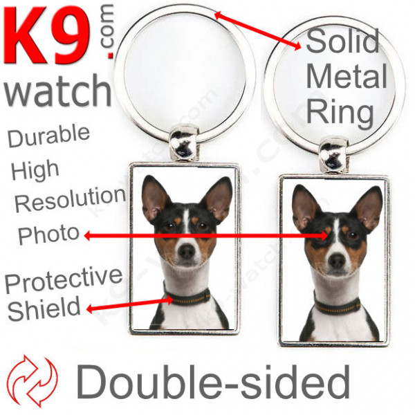 Double-sided metal key ring with photo tricolor Basenji, metal key ring gift idea; double faced key holder metallic