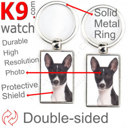Double-sided metal key ring with photo black and white Basenji, metal key ring gift idea; double faced key holder metallic
