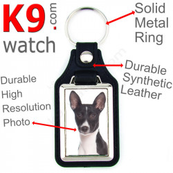Vegan leather key ring and metal holder, with the photo of your black and white Basenji, key ring gift idea