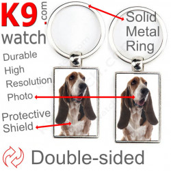 Double-sided metal key ring with photo Basset Hound, metal key ring gift idea; double faced key holder metallic Basset Hund