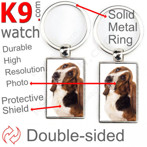 Double-sided metal key ring with photo Basset Hound, metal key ring gift idea; double faced key holder metallic Basset Hund