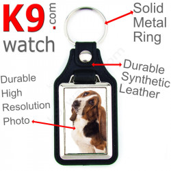 Vegan leather key ring and metal holder, with the photo of your Basset Hound, key ring gift idea