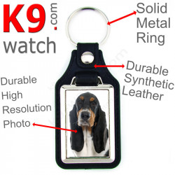 Vegan leather key ring and metal holder, with the photo of your Tricolor Basset Hound, key ring gift idea Basset Hund