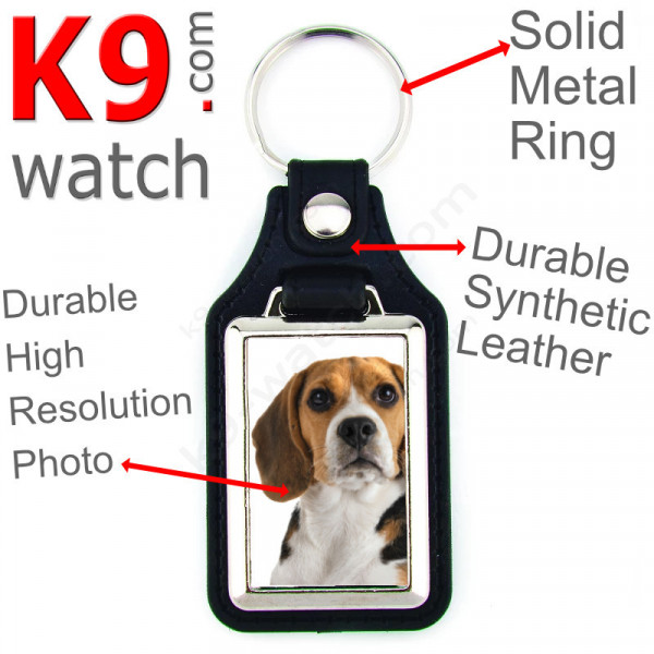 Vegan leather key ring and metal holder, with the photo of your Tricolor English Beagle, key ring gift idea